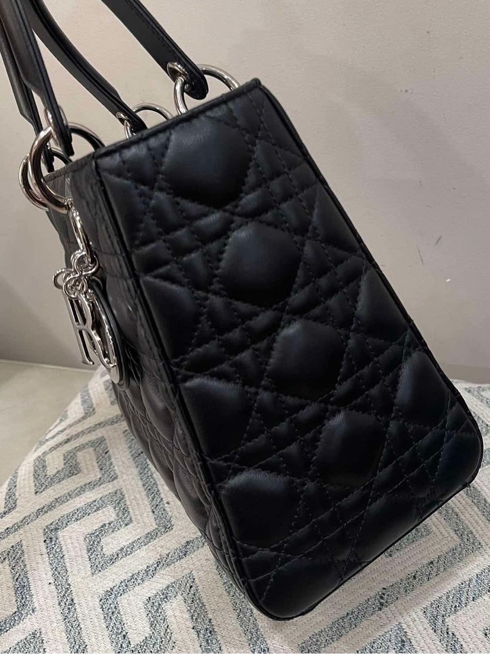 Dior Lady Dior Black Leather Tote Handbag Silver Hardware Size Medium - Picture 5 of 13